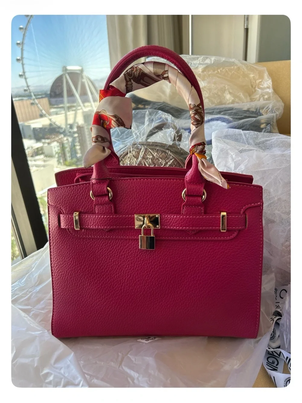 Structured Fuchsia Satchel Handbag with Scarf-Wrapped Handle